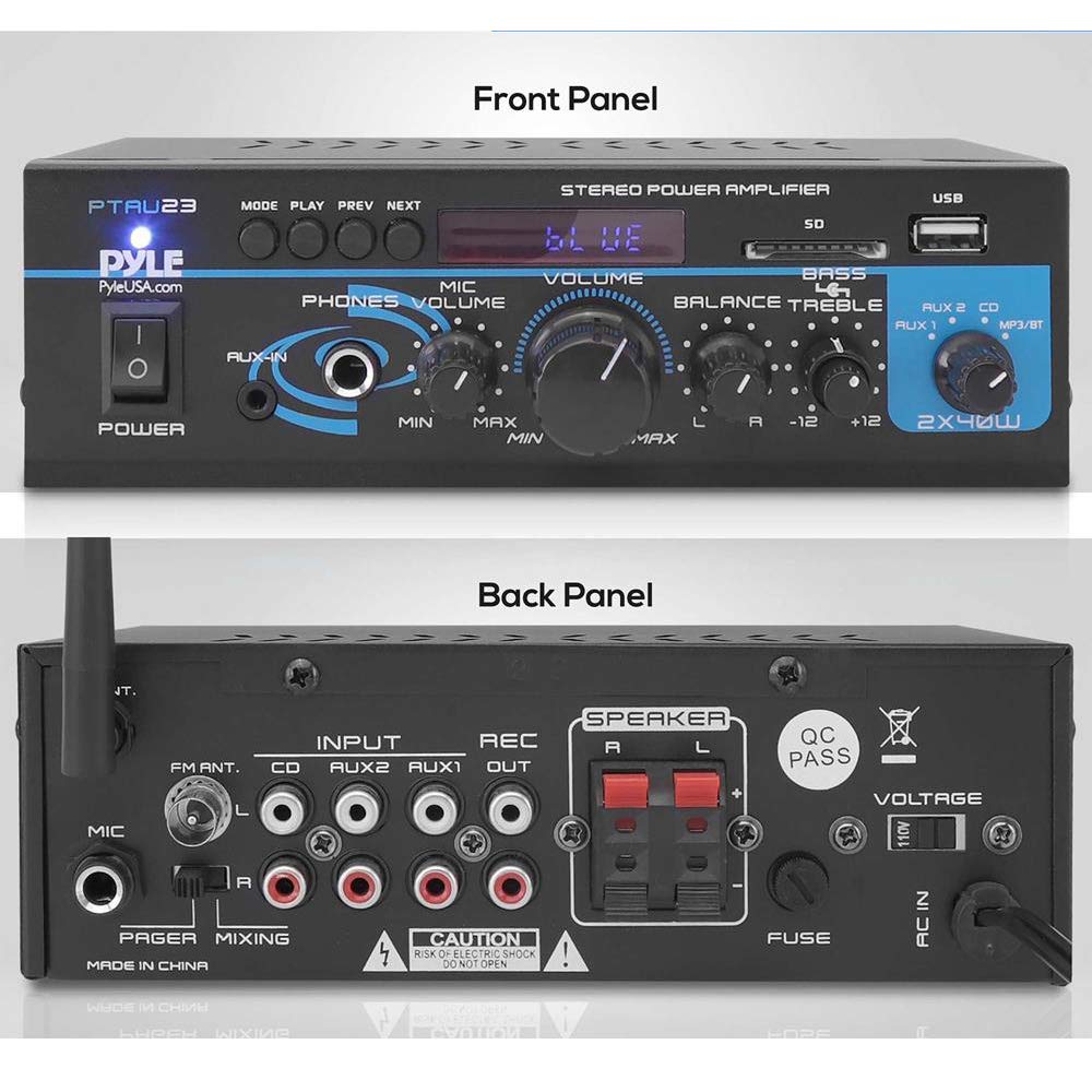 Pyle Home Audio Bluetooth Power Amplifier System - 2X40W Mini Dual Channel Mixer Sound Stereo Receiver Box w/ RCA, USB, AUX, Headphone, Mic Input