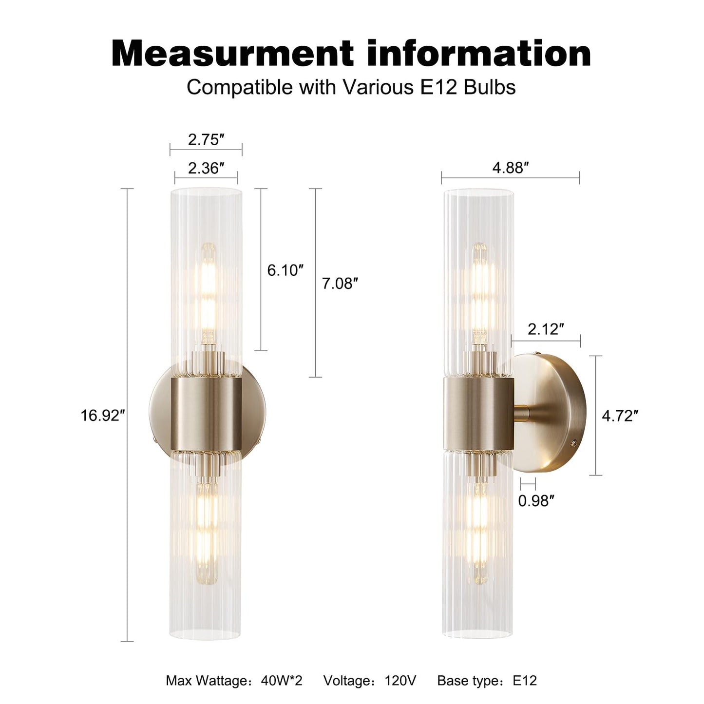 Timeweave Wall Sconces Set of Two, Bathroom Light Fixtures 2-Light, Modern Vanity Light for Bathroom, Wall Light with Glass Rods Shades for Mirror
