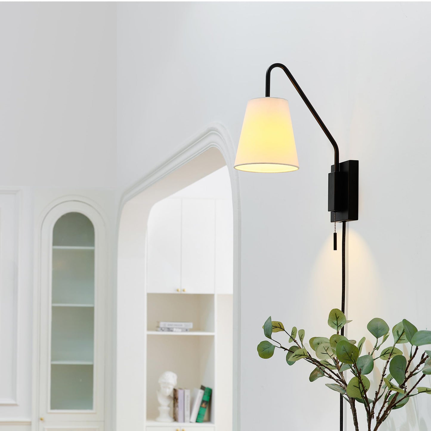 Globe Electric 65000043 1-Light Plug-in or Hardwire Wall Sconce, Matte Black, White Fabric Shade, Swing Arm, 6ft Black Braided Fabric Cord, On/Off