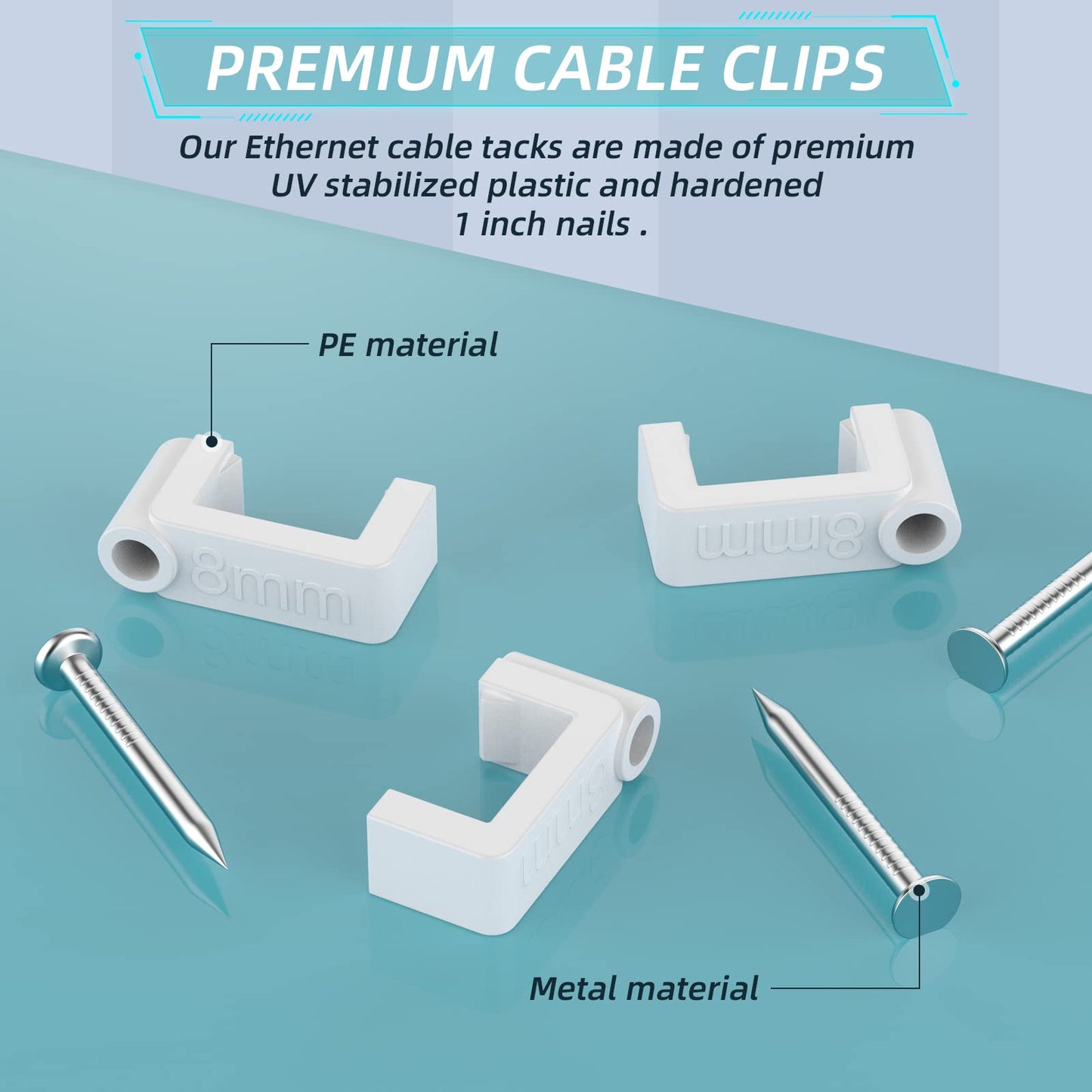 AOPOCKAN TECH Cable Clips White 100 Pieces Ethernet Cable Clips with Steel Nails 8mm Cord Holder for Cat8 Cat7 Cat6 Flat Ethernet Cable - 0.32 inch