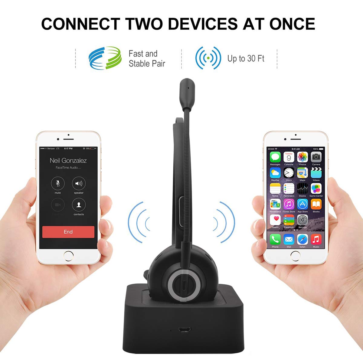 MERAIJIN Trucker Bluetooth Headset Wireless Headset with Microphone Over The Head Headphones with Noise Cancelling Sound On Ear Car Earphones Office