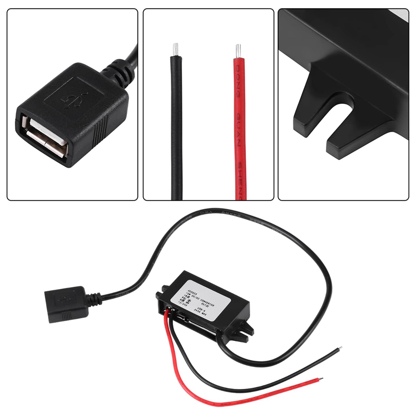 DC-DC Converter 12V/24V to USB 5V 3A, Adapter Regulator Cable for Car Audio, Vehicle Radio, Monitor Power Supply