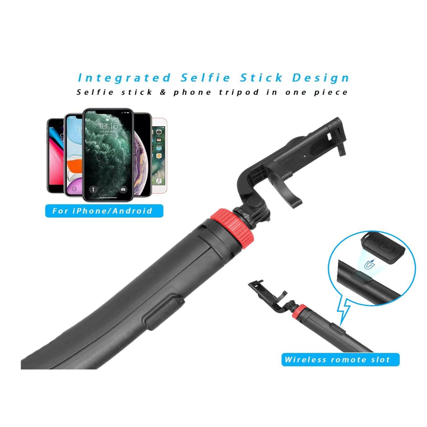 66" Tripod for iPhone & Camera, Portable Phone Tripod with Rechargeable Remote Control and Rotate Phone Stand, Selfie Stick for iPhone/Gopro