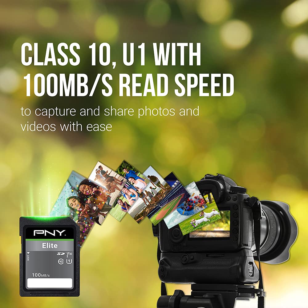 PNY 32GB Elite Class 10 U1 V10 SDHC Flash Memory Card - 100MB/s Read, Class 10, U1 Full HD, UHS-I, Full Size SD (Pack of 5)