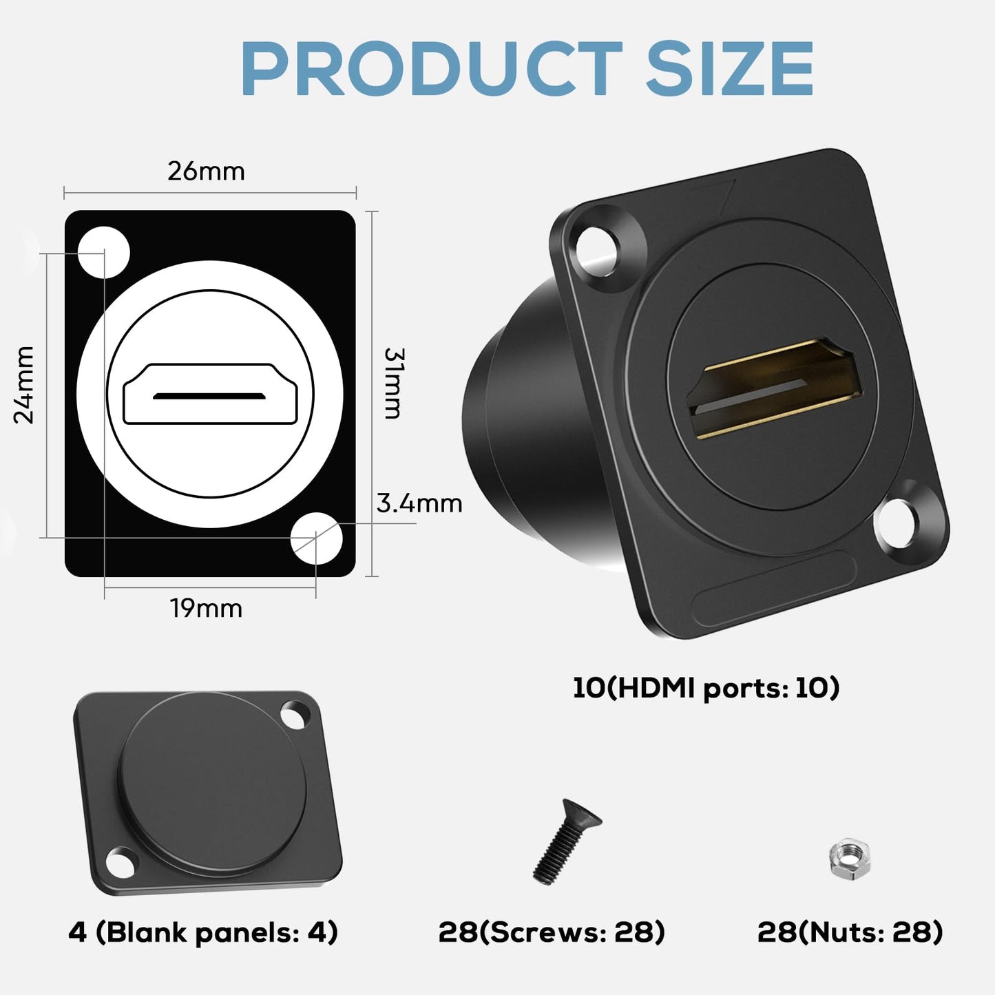YQMRCZRF 14PCS HDMI Panel Mount Coupler and Panel-Mount Blank Plate Set? HDMI D-Type Pass Through Connector, Female to Female 4K Adapter, Bulkhead