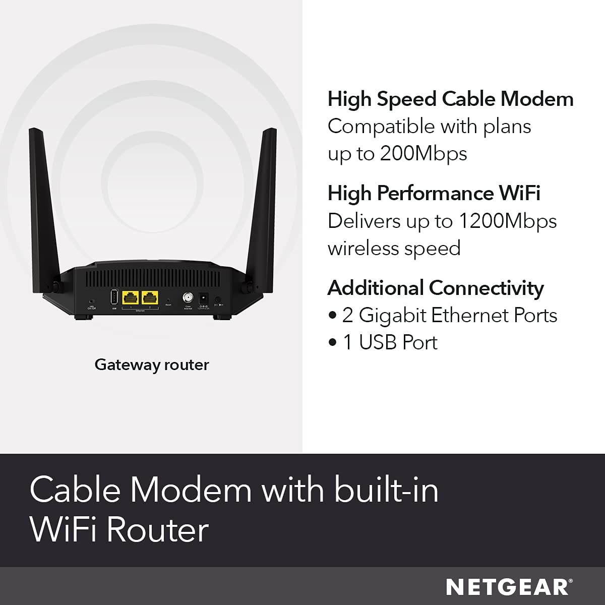 NETGEAR Cable Modem WiFi Router Combo C6220 - Compatible with All Cable Providers Including Xfinity by Comcast, Spectrum, Cox | for Cable Plans Up