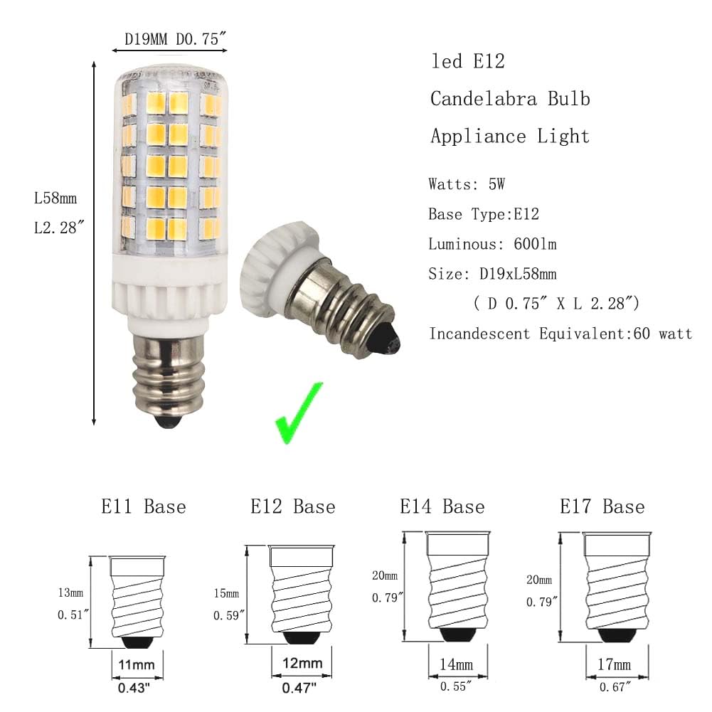 WELESHEI E12 LED Bulb 5W C7 Bulb 60 W Equivalent Halogen Daylight T6 Candelabra Bulb 60 Watt for Ceiling Fan Sewing Serger Light Fridger Microwave