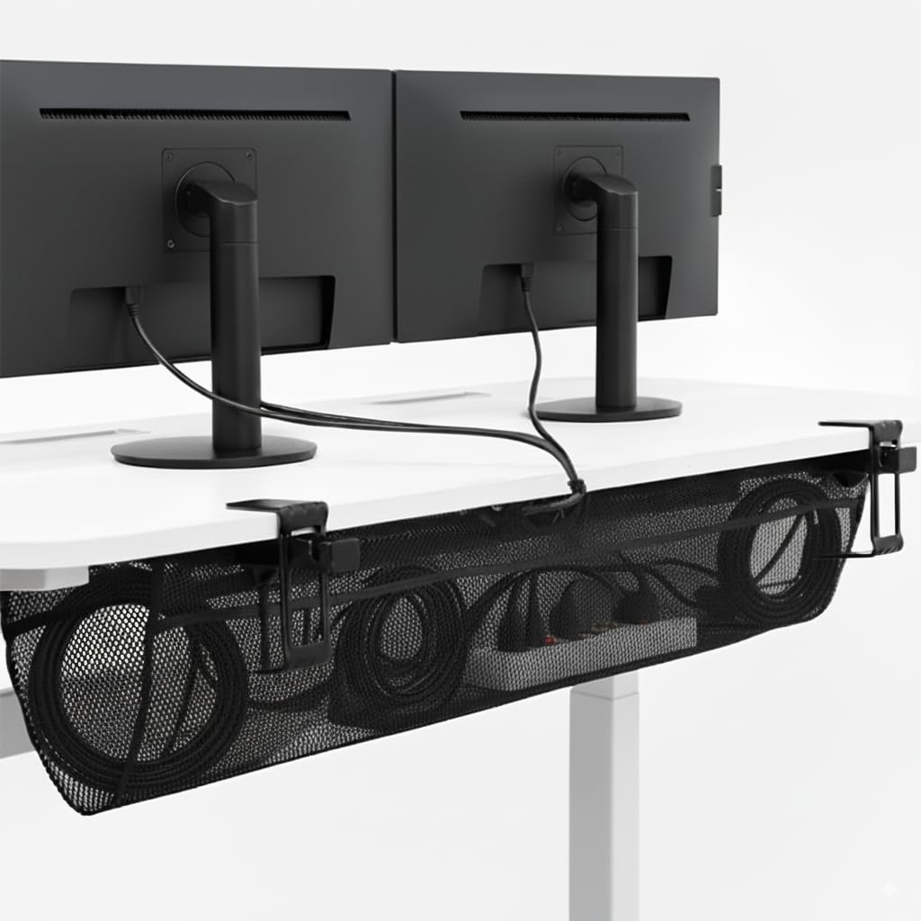 VIVO No Drill Clamp-on 44 inch Mesh Net Under Desk Cable Management Wire Organizer, Adjustable Home Office Standing Desk Cord Storage Sleeve, Black