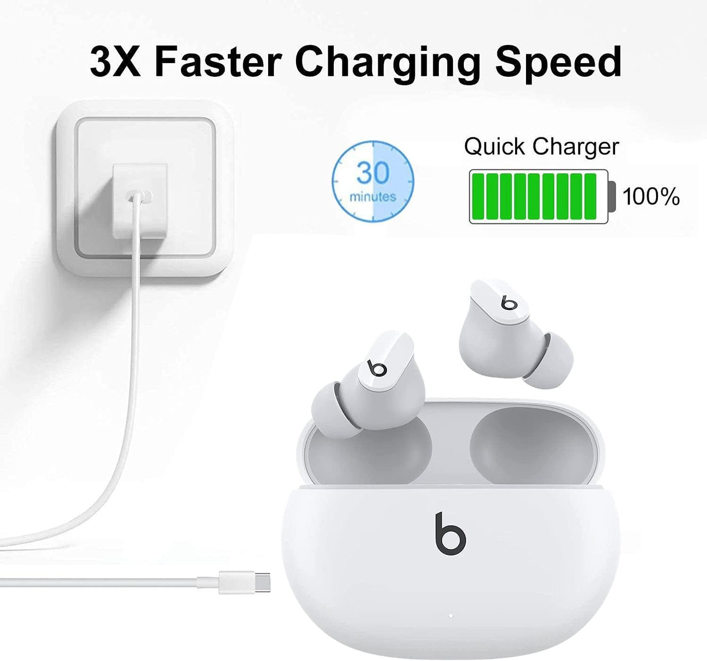 Beats USB-C Power Adapter for Solo 4, Pill 2024, Powerbeats, Studio Buds, Flex, Fit Pro - New Beats Accessories Type C Wall Charger