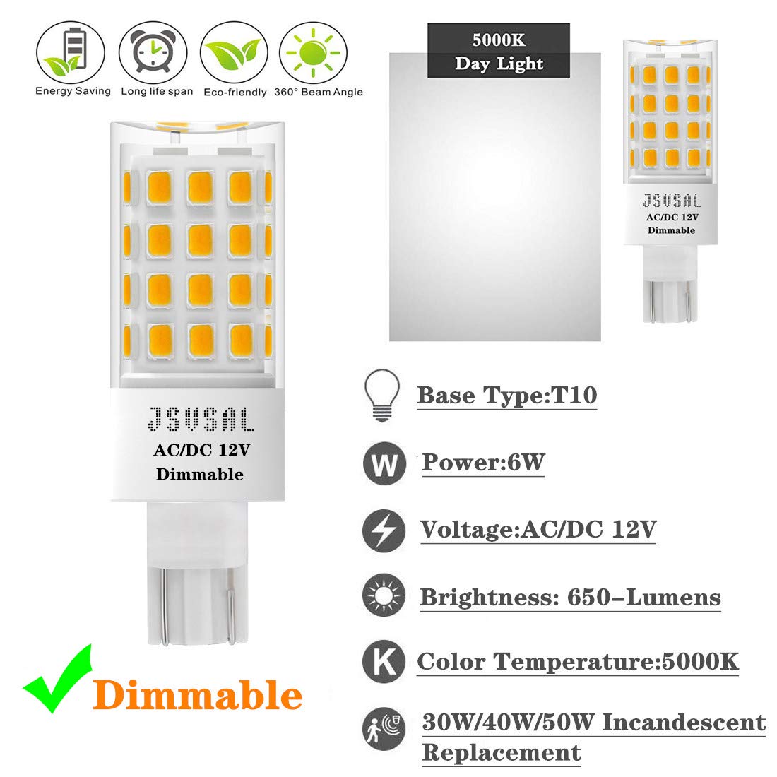 JSVSAL T5 T10 Wedge Base LED Light Bulb,Dimmable, 6W 650lm,5000K Daylight White,12V AC/DC for Outdoor Landscape Lighting Deck Stair Step Path Lights