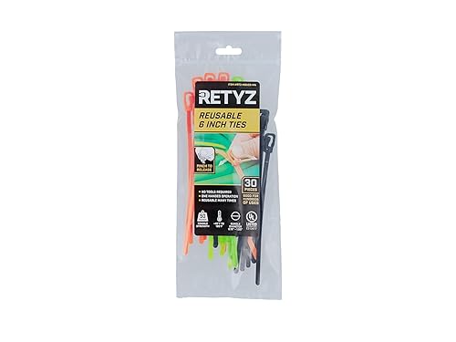 RETYZ Releasable Cable Ties Combo Pack, 30 Pack, 50 lb Tensile Strength, 6-Inch, Multi-Color (Black, Fluorescent Orange, Fluorescent Green), Heavy