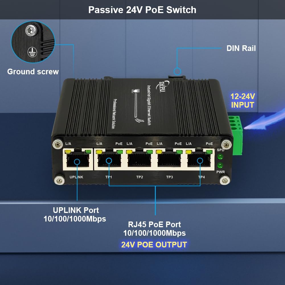 Yjntoximc Industrial 5 Ports Gigabit 24V Passive PoE Switch Support DC12V-24V Input to 24V PoE Output, 4 x 24V/18W PoE Ports@72W, IP40, Compact PoE