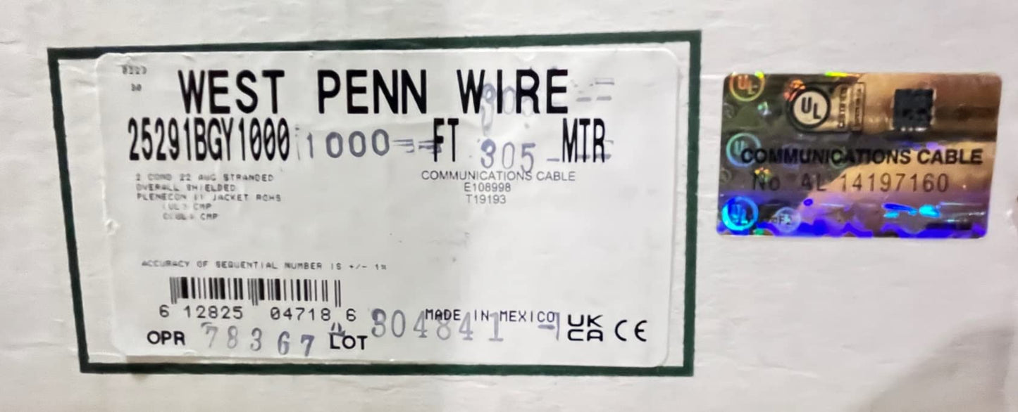 West Penn Wire 25291BGY 22 AWG 2 Conductor Stranded Shielded Plenum Cable Gray CL3P for Security/Alarm/Access Control/Sound (100 ft Roll)