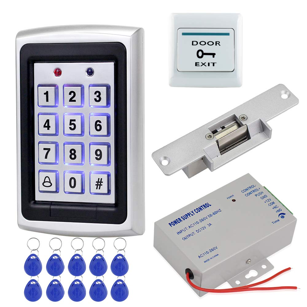 HFeng Door Access Control System Kit Set Metal RFID Keypad + DC12V 3A Power Supply Controller + NC Type Electronic Strike Locks + Door Exit Button +