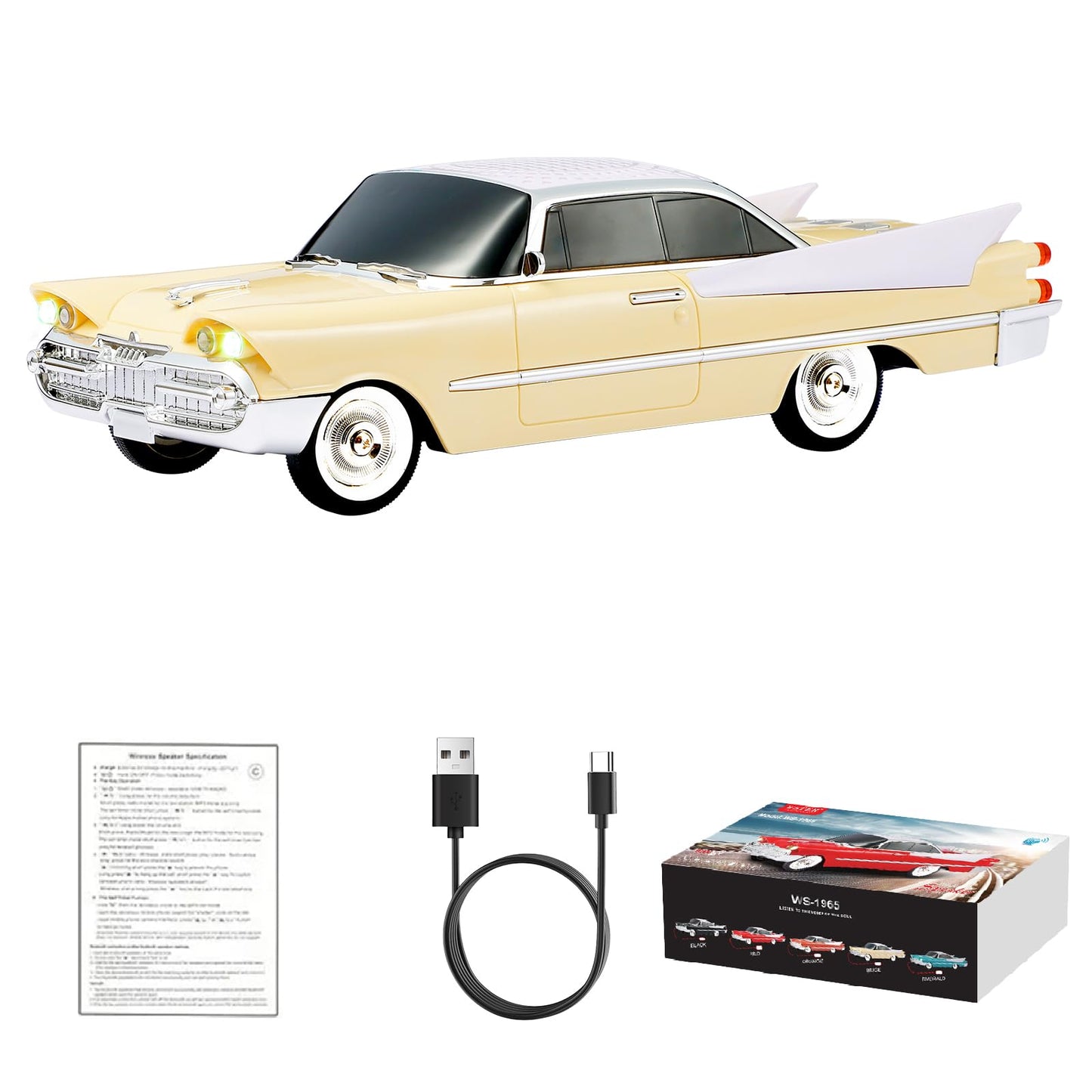 WSTER WS-1965 Bluetooth Replica Speaker - Retro Rocket Car Design, HD Sound, TWS, LED Party Lights, FM Radio, USB/TF Playback, Built-in Microphone