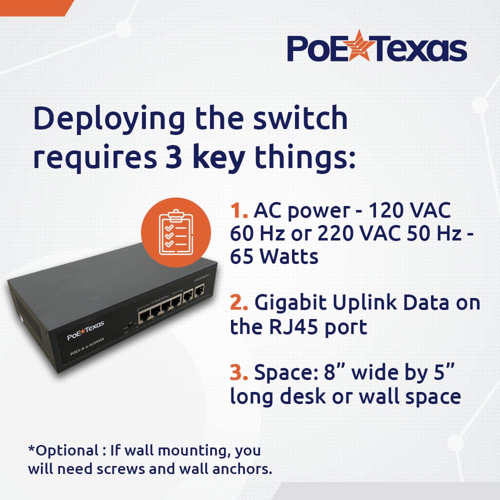 PoE Texas 4-Port PoE+ Switch with 2 Uplinks, VLAN, 65W
