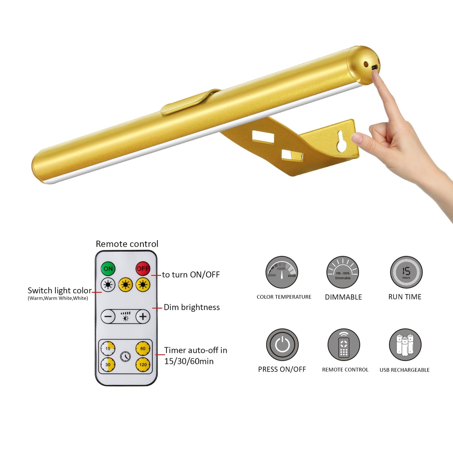 Rechargeable Picture Lights with Remote, 13in Full Metal Wireless Battery Painting Light, Dimmable/Timer Off Artwork Light, with 3 Lighting Modes