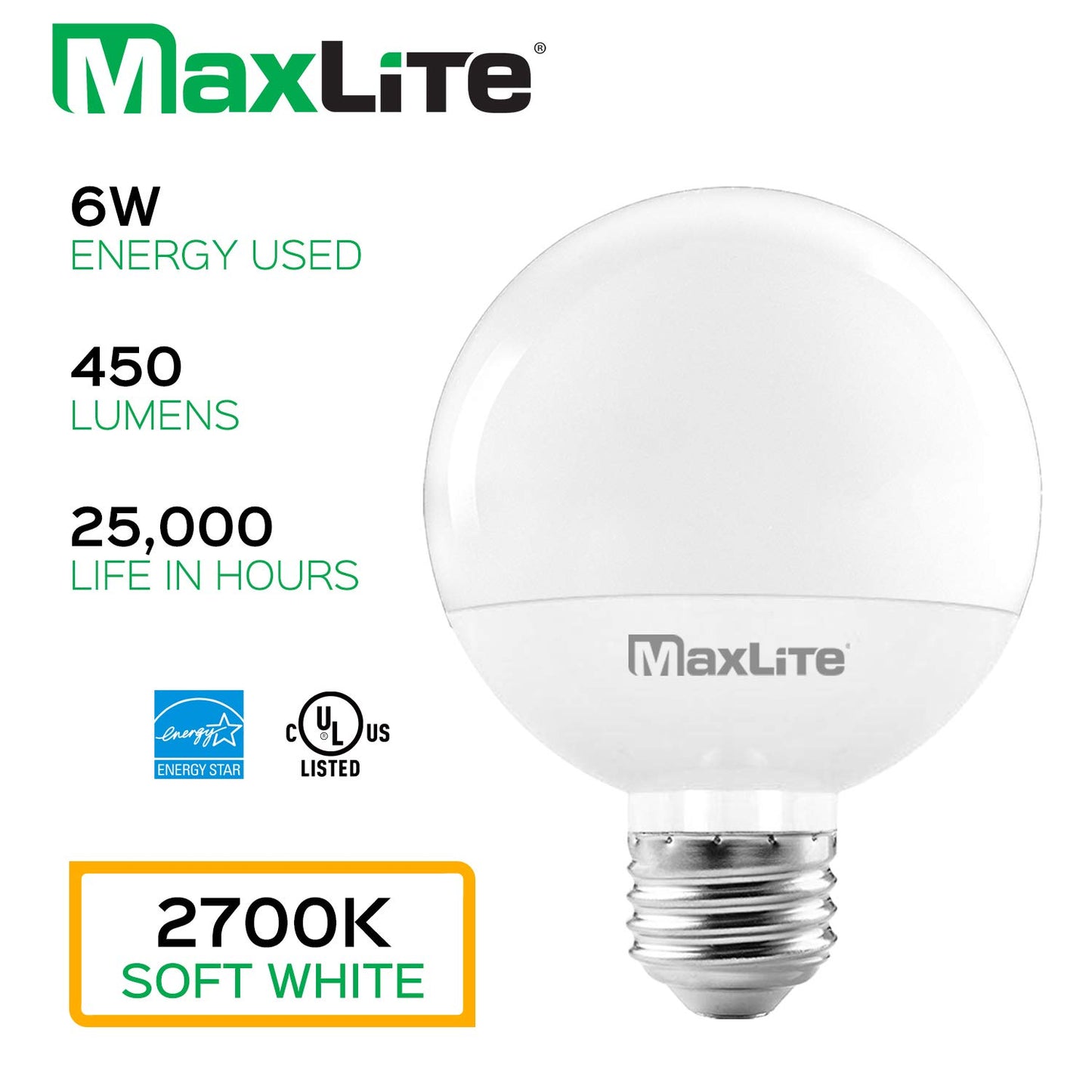 Maxlite G25 LED Globe Light Bulbs, 40W Equivalent, 450 Lumens, Makeup Vanity Light Bulb, Dimmable, Energy Star, UL Listed, E26 Medium Base, 2700K Soft