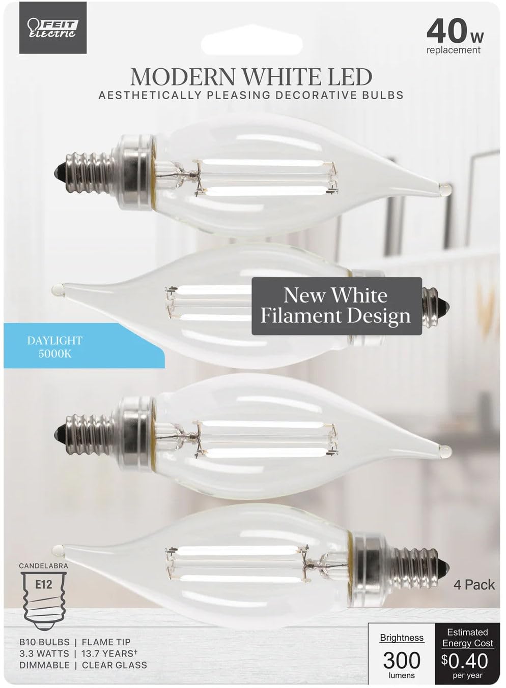 Feit Electric BPCFC40950CAWFIL/4 Daylight Flame Tip Exposed White Filament LED Bulb, Box of 4 Bulbs; 3.3W; 40W Equivalent; E12 Base; 5000K; 90 CRI