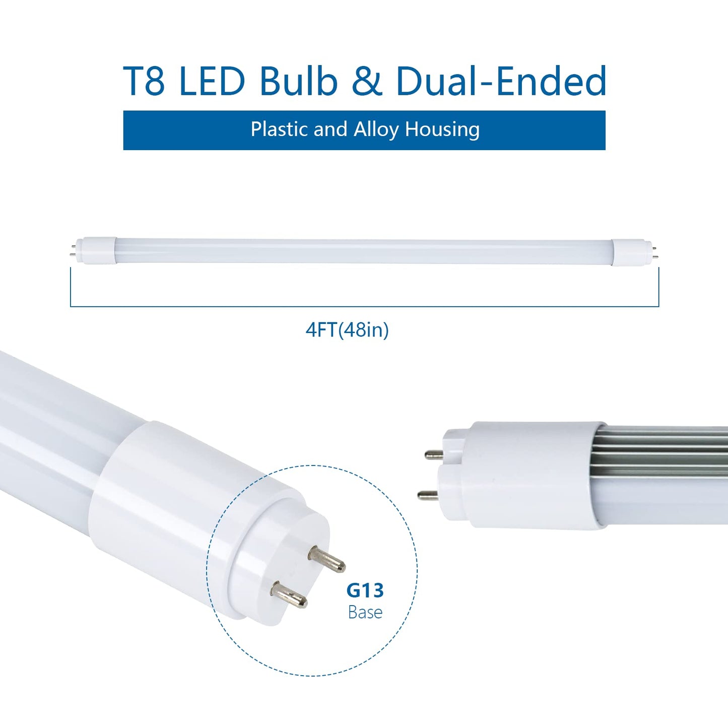 Sokply T8 T12 4FT LED Bulbs Light Tube Type A+B 18W 2250LM, F32T8/F40T12 LED Fluorescent Replacement, 6000K White Light, Plug and Play or Ballast