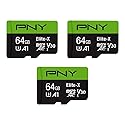 PNY 64GB Elite-X Class 10 U3 V30 microSDXC Flash Memory Card, 3 Count (Pack of 1) - 100MB/s, Class 10, U3, V30, A1, 4K UHD, Full HD, UHS-I, Micro SD