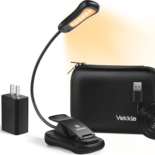 Vekkia Book Light Set with Charger, Clip on Reading Light in Bed with 3 Brightness, Up to 60 Hrs, Rechargeable, Eye-Care Warm LED for Read Before Bed
