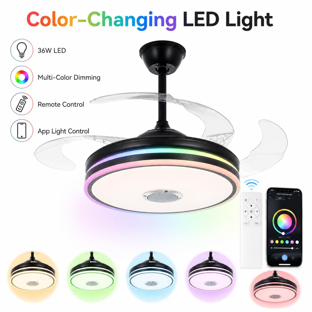 RuiWing Home 42 inch Bluetooth Ceiling Fan with Light and Speaker