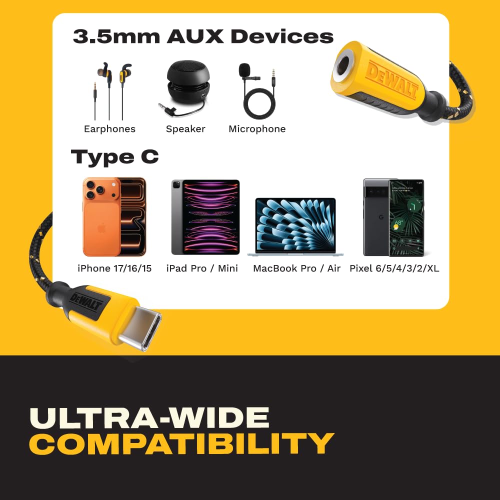 DEWALT Aux to USB C Adapter - 3.5mm to USB C Audio Headphone Jack Dongle with DAC Chip, CTIA Compatible, Kevlar-Reinforced Cable for iPhone 17 16 15