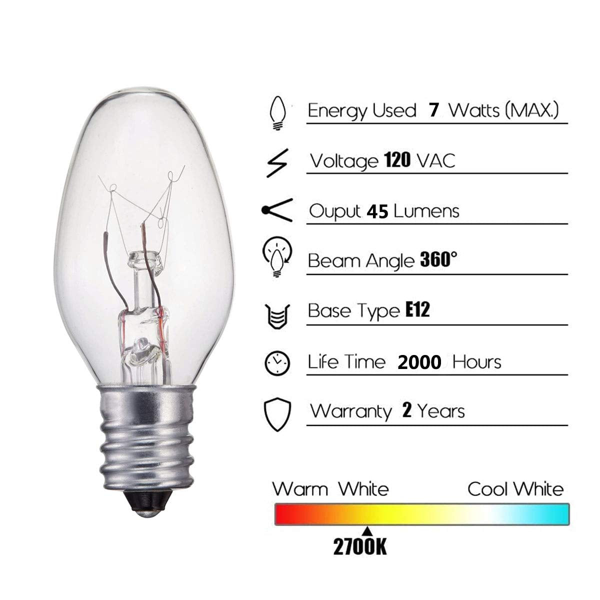 WokHok 7 Watt Night Light Bulbs and Salt Lamps Replacement Bulbs,C7/7 Watt/120 V/45 Lumen,E12 Candelabra Base Light Bulbs,Warm White - Dimmable,12