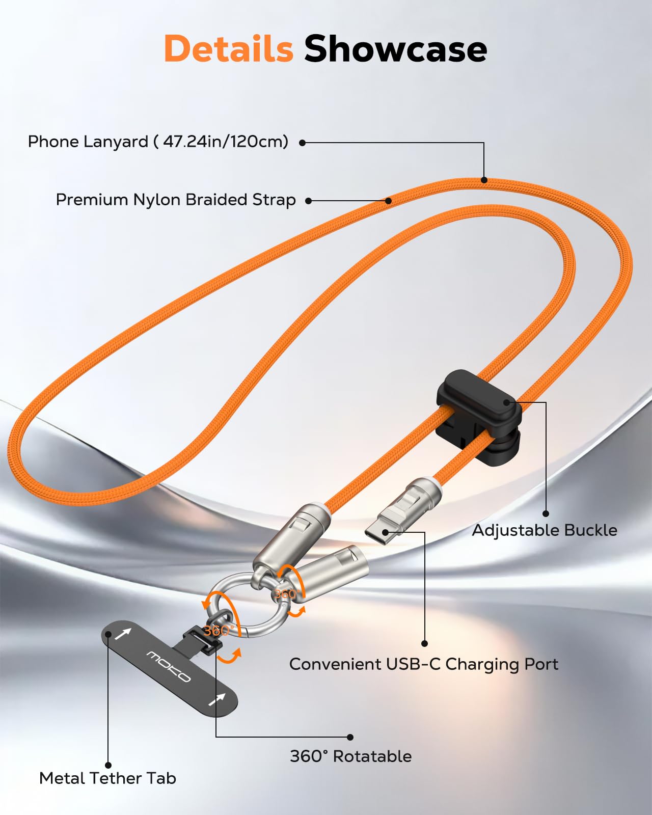 MoKo 2-in-1 Phone Crossbody Lanyard USB C Cable, PD240W USB-C to USB-C Type-C Fast Charging Cable, Anti Theft Phone Strap with Metal 360° Tether Tab
