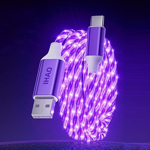 IHAO USB A to C Charger Cable PD Fast Charge and High Speed Sync Visible Starry LED Current Flowing Compatible with All USBC Device-Starry Purple A