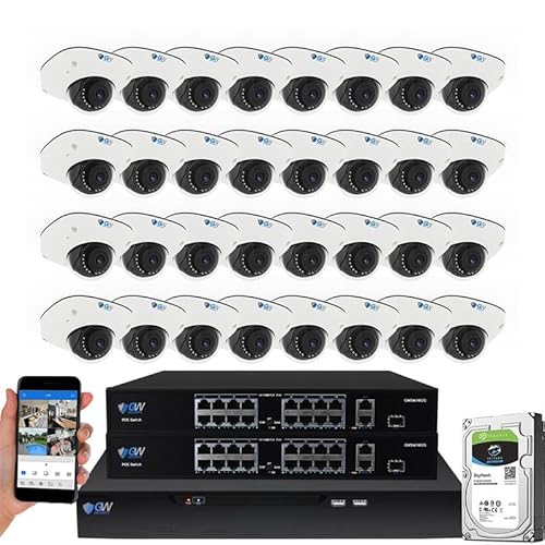 GW Security 64 Channel 12MP 4K @30FPS Face Recognition Human/Car Smart AI Detection PoE Security Camera System with 32 x 12MP (4512x2512P) IP Color
