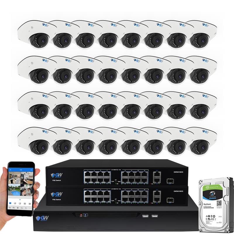 GW Security 64 Channel 12MP 4K @30FPS Face Recognition Human/Car Smart AI Detection PoE Security Camera System with 32 x 12MP (4512x2512P) IP Color
