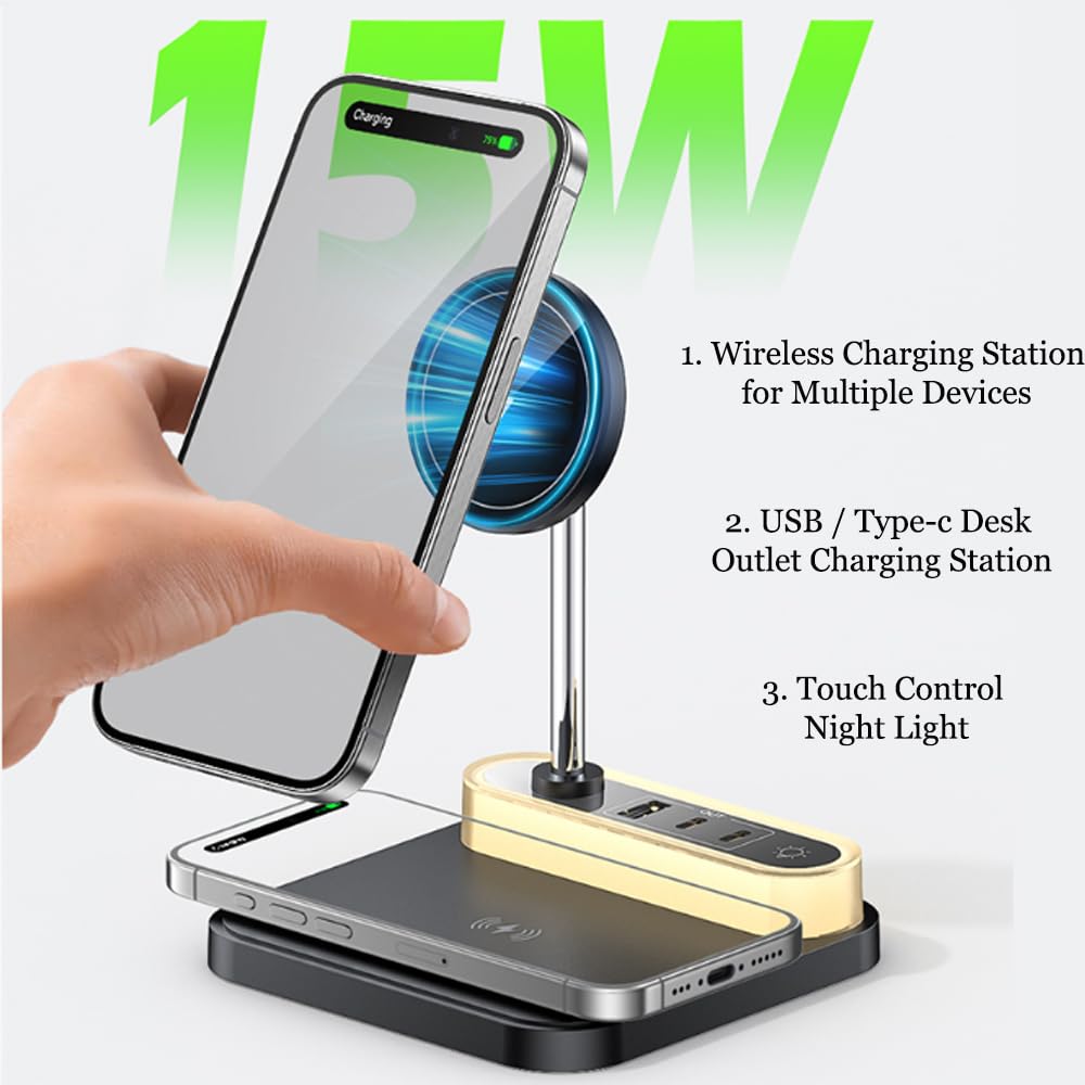 4-in 1 Magnetic Wireless Charging Station with Night Light, 15W Fast Charge for iPhone 16/15/14/13/12 & AirPods, 3-Port Hub (2xType-C, 1xUSB)