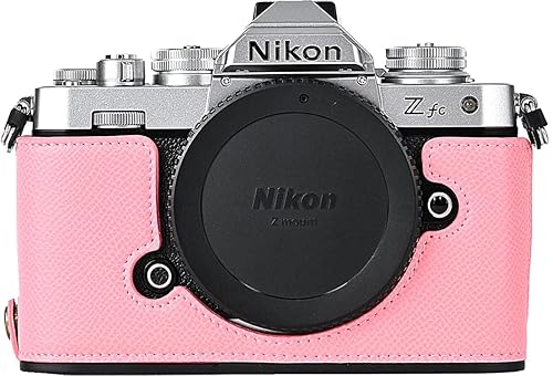 Z fc Case, BMAOLLONGB Handmade PU Carbon Fibre Leather Half Camera Case Bag Cover Bottom Opening Version for Nikon Z fc with Hand Strap (Pink)