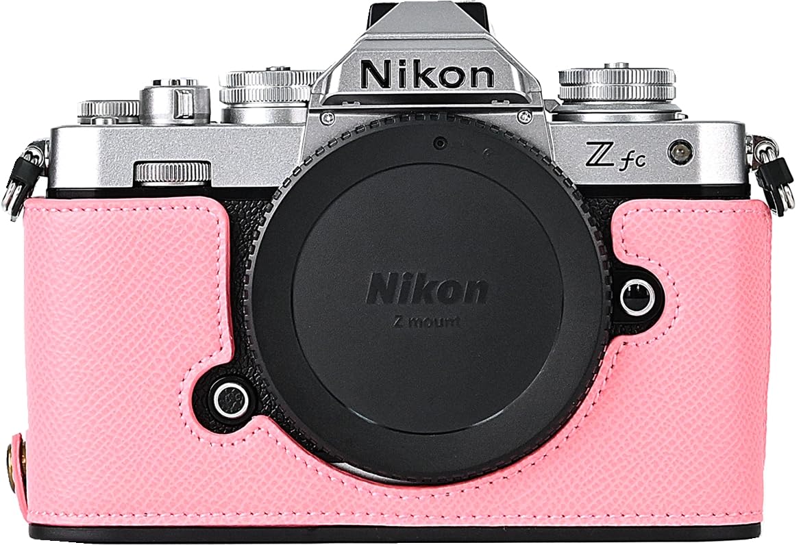 Z fc Case, BMAOLLONGB Handmade PU Carbon Fibre Leather Half Camera Case Bag Cover Bottom Opening Version for Nikon Z fc with Hand Strap (Pink)
