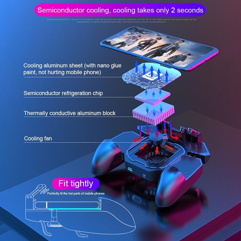 Mobile Game Controller Fast Cooling Phone Gamepad 4 Trigger 6 Finger Operation Grip 4000 mAh Built-in battery Rechargeable for iPhone, Samsung