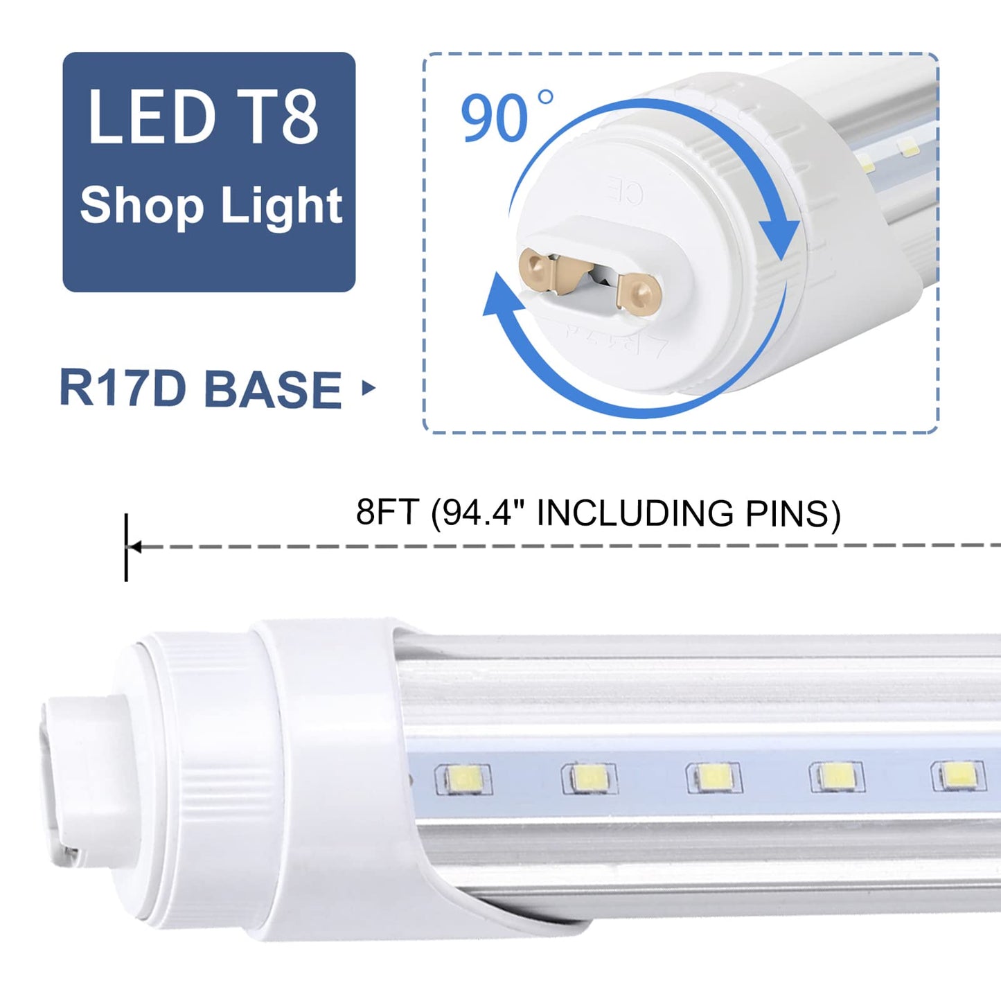 R17D/HO 8FT LED Shop Bulb, Rotating Base LED Tube Light, 6000K Clear Lens, Dual-Ended Power Bulb Lights, Non-dimmable, 2 Pin, Ballast Removed