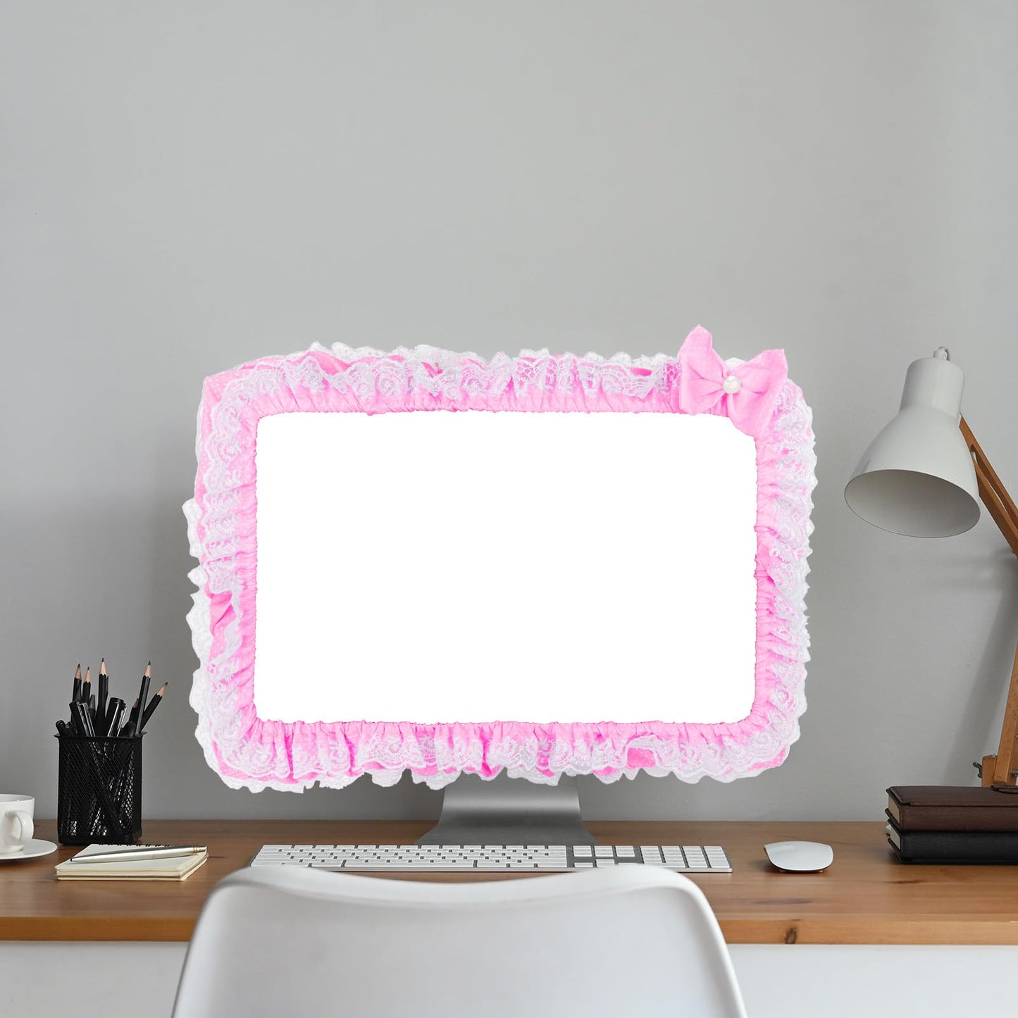 Kingshion 23"-27" Lovely Cute Computer Monitor Cover with Lovely Cute Elastic Pen Pocket Bow-knot TV LCD Screen Monitor Decoration Dust Cover