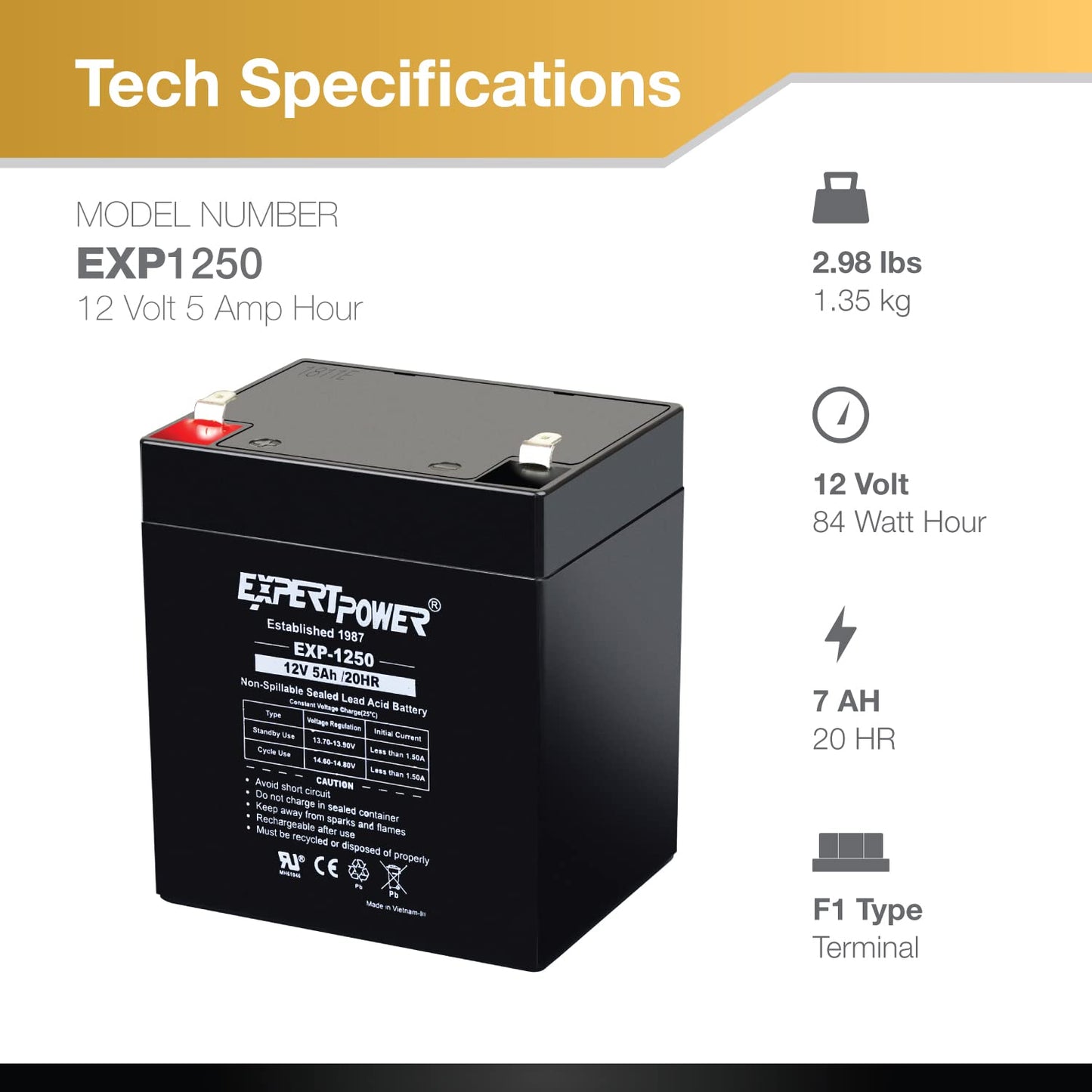 ExpertPower EXP1250-12V 5Ah Rechargeable SLA Battery for Security System, UPS, Garage Door Opener Replacement, Fire Alarm Batteries, Sealed Lead…