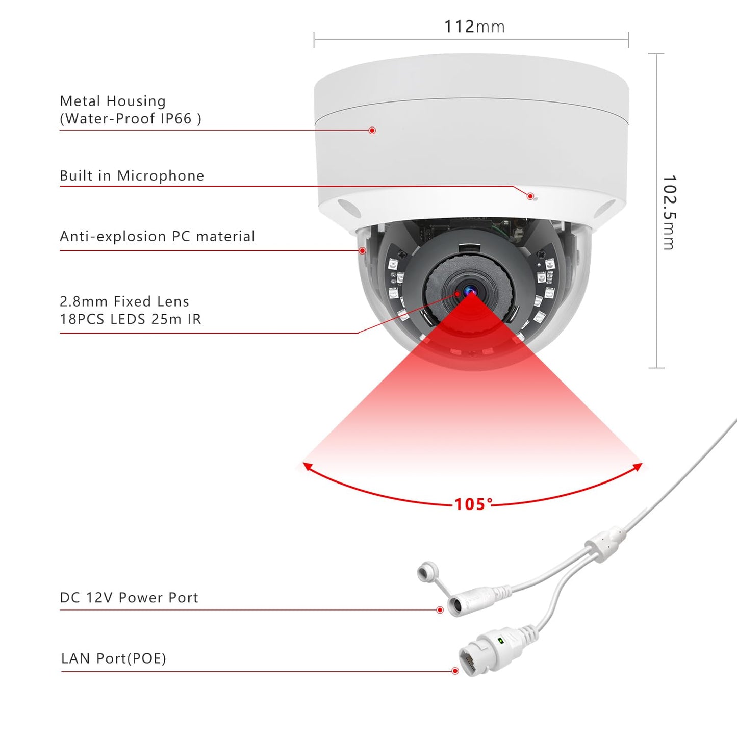 Tennoz 5MP PoE IP Vandal Dome Security Camera Outdoor, IP Network PoE Camera with 2.8mm Lens, 105° Wide Angle, H.265, Built-in Mic, IP66 Waterproof