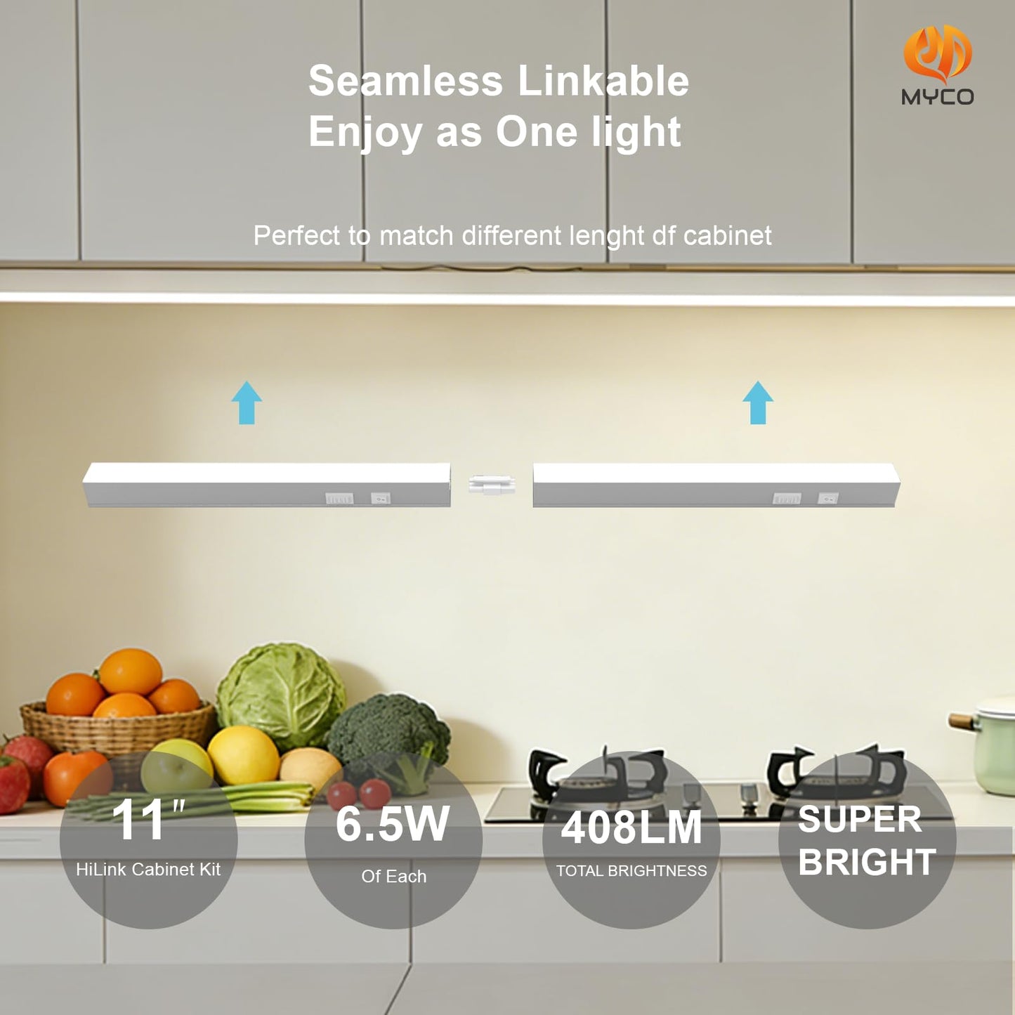 Myco Ultra-Slim Under Cabinet Lighting LED 11 Inch, 3 CCT Selectable (3000K/4000K/5000K) Plug-in Linkable Aluminum Light Bar, ETL Listed Kitchen