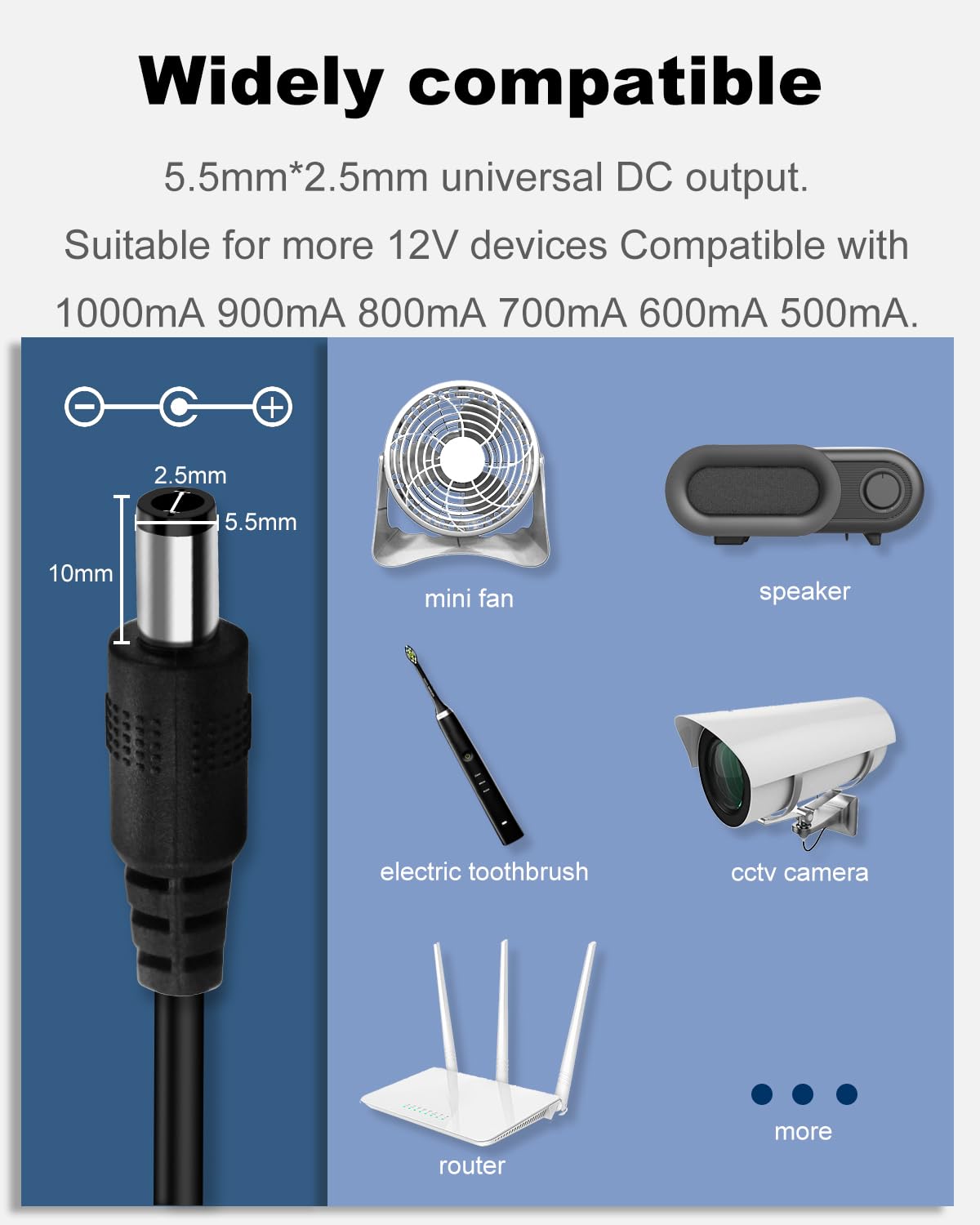12V 1A 12W DC Power Supply Adapter, AC 100-240V 50-60Hz to 12 Volt 1Amp Transformer, DC 12V Power Cord with 5.5mm x 2.5mm Barrel Plug