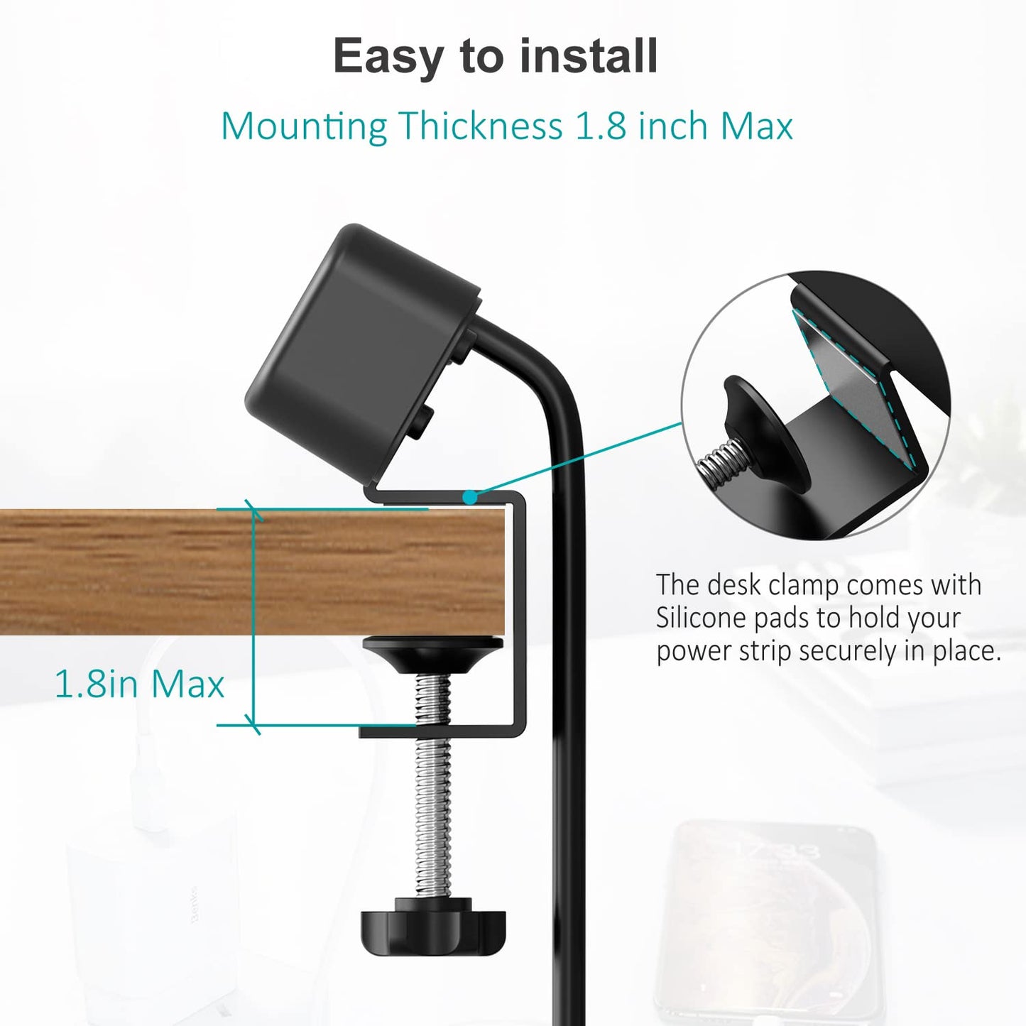 Desk Clamp Power Strip with USB C, 3 Outlet Desktop Mount Power Station Removable Clamp Socket with 6.5 ft Extension Cord, Fit 1.7 inch Tabletop Edge