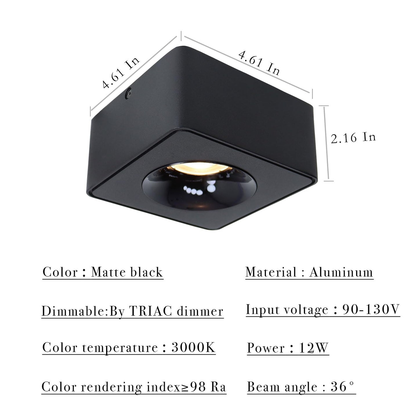 Marknice LED Dimmable Square Ceiling Spotlight Aluminum Black Wide 4.61 in Ultra-Thin 2.16 in Downlight Modern Ceiling Mounted Spot Light Fixture
