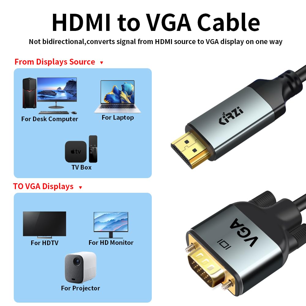 Kirzi HDMI to VGA Cable, Uni-Directional HDMI Computer to VGA Monitor Cable (3ft)