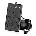 5 FT Flat Plug Surge Protector Power Strip,15 Multiple AC Outlets with 4 USB Ports (1 USB C), 5 Feet Extension Cord, 1625W/13A, One Touch Switch