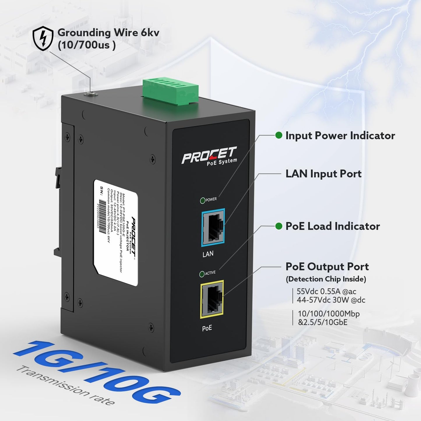 PROCET 10 Gbps Gigabit PoE++ Injector Din Rail, 60W Industrial Adapter with Wide Temp -40°F to 149°F, 6KV Surge Protection, AC/DC Input