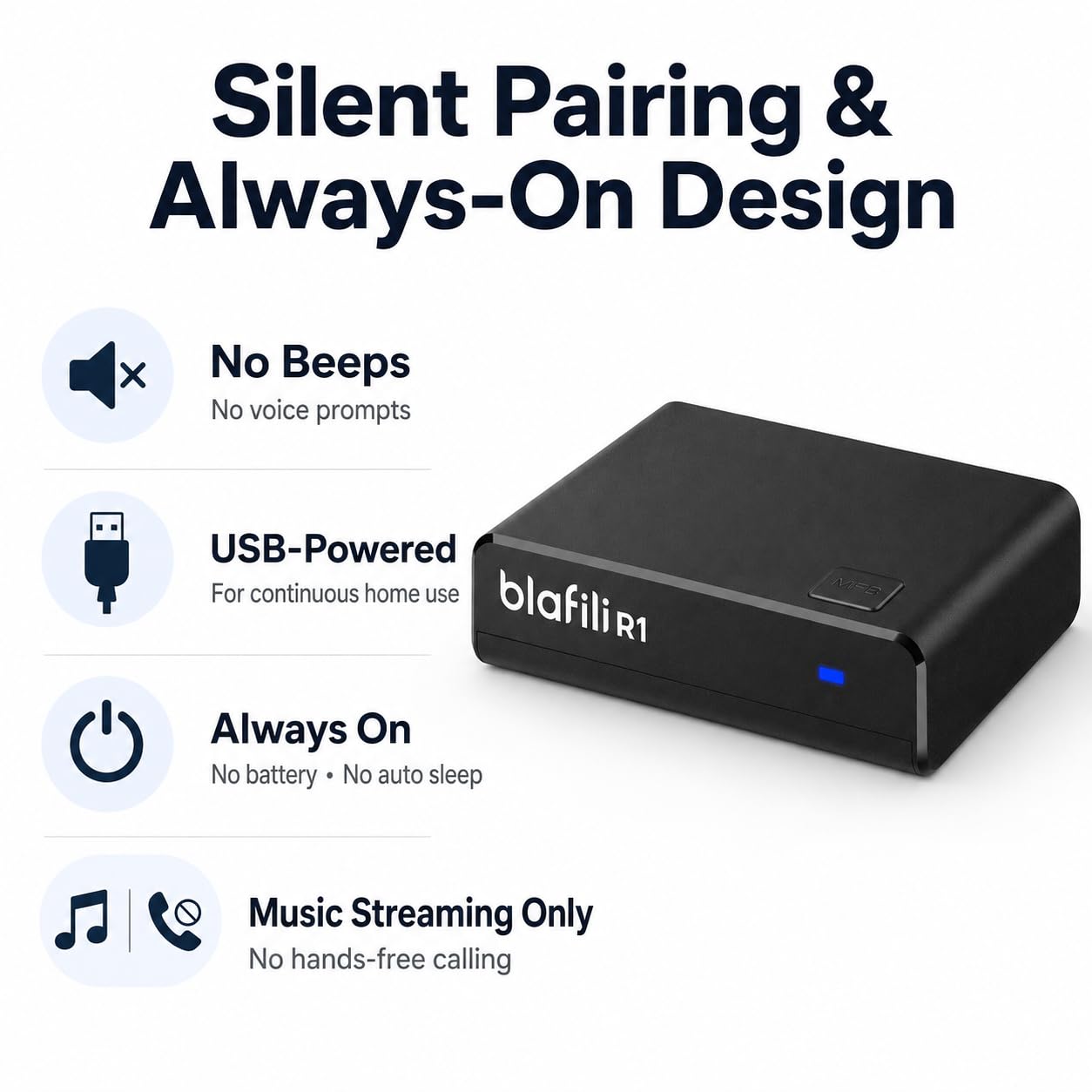 blafili R1 Bluetooth Receiver for Home Stereo, No Beeps Bluetooth Music Receiver with RCA Line Out & USB Audio Input, Wireless Audio Adapter