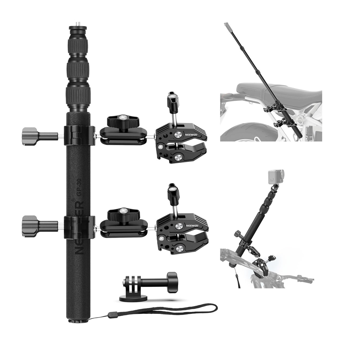 NEEWER Motorcycle Mount Accessories Kit Compatible with GoPro Insta360 DJI, Bike Tail Handlebar Invisible Selfie Stick Double Clamp Holder with Action